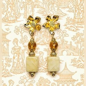 Yellow Opal Large & Natural Citrine In Flower Gold Plated Earrings